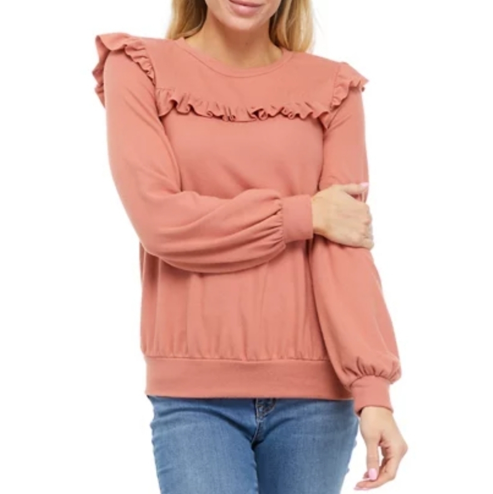 Cupio Women's Long Sleeve Ruffle Chest Knit Top Terracotta Clay - XL